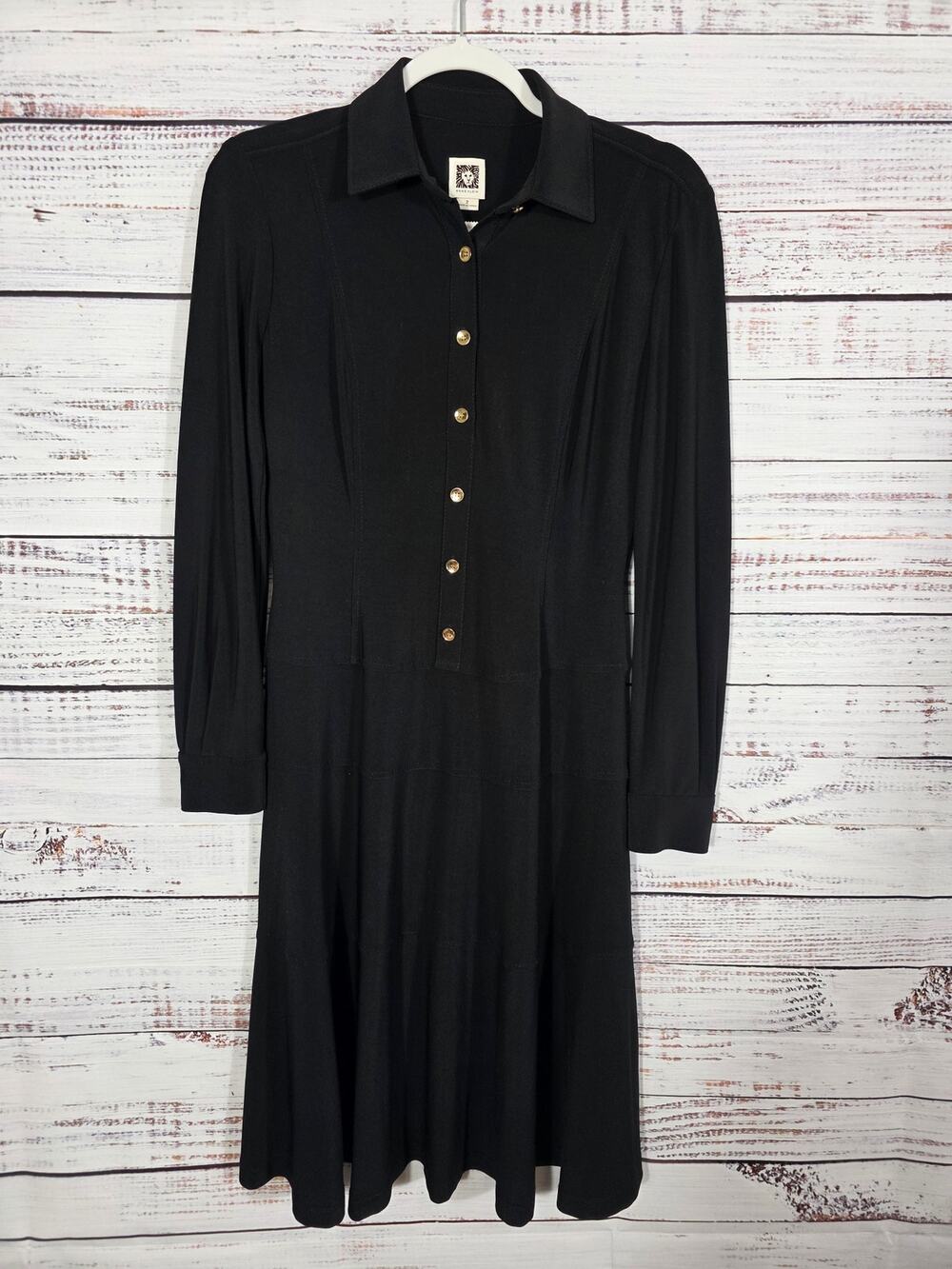 Anne Klein Y2K Little Blk Dress Size 2 Gold Button Long Sleeve Fit and Flare